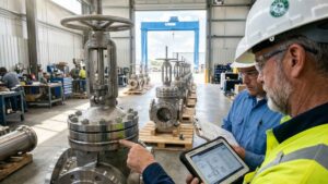 Senior IMV quality inspector performing Positive Material Identification (PMI) Testing on a massive industrial gate valve using a handheld XRF analyzer and digital tablet for technical verification.