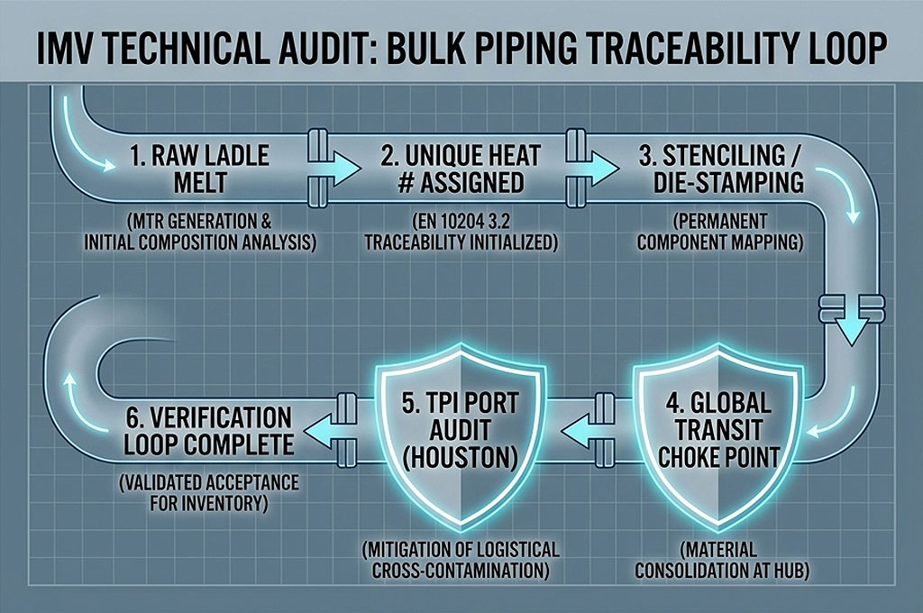 Flowchart mapping the six stages of the bulk piping traceability loop, including EN 10204 Type 3.2 material traceability execution.