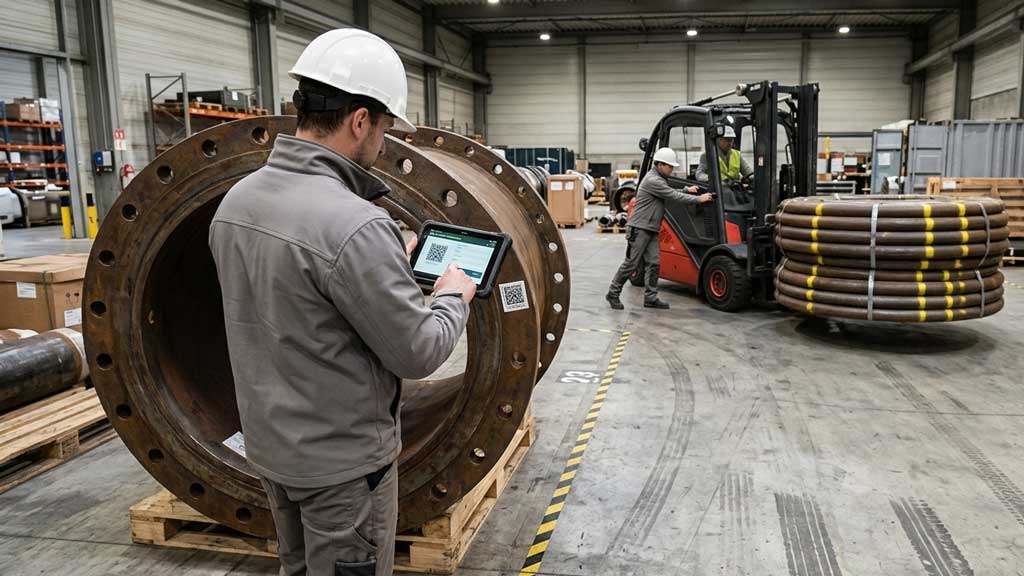 A warehouse operator using a rugged digital tablet to manage industrial supply chain quality control solutions next to a forklift.