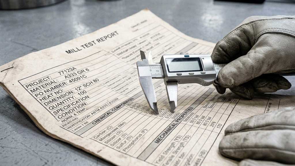 A digital vernier caliper measuring technical specifications on an industrial document to satisfy Houston port TPI inspection requirements.
