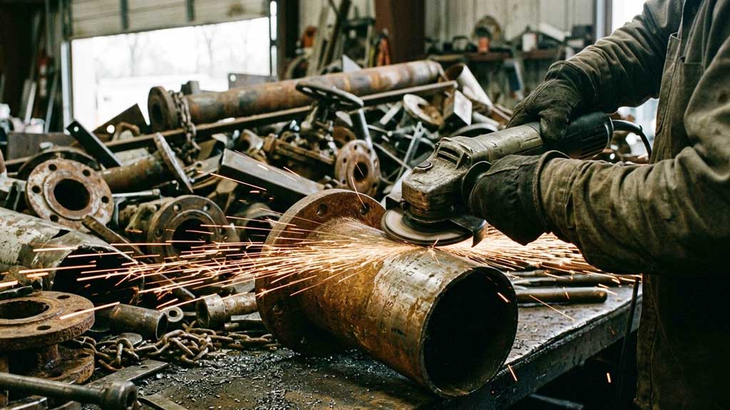 Close-up of a worker using an angle grinder on a steel pipe spool flange during a mill test report verification process