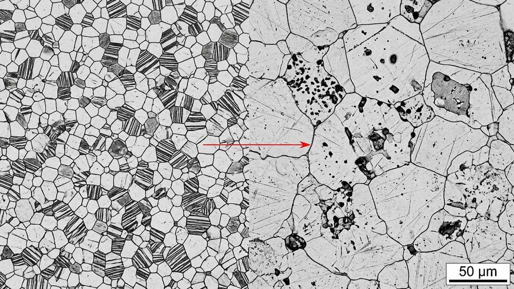 Side-by-side metallurgical microstructure laboratory micrograph at 50 micrometers used during independent pipe metallurgy testing.