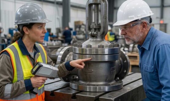 A mill test report verification audit. Two quality control inspectors in hard hats are evaluating a large industrial valve during a mill test report verification audit.