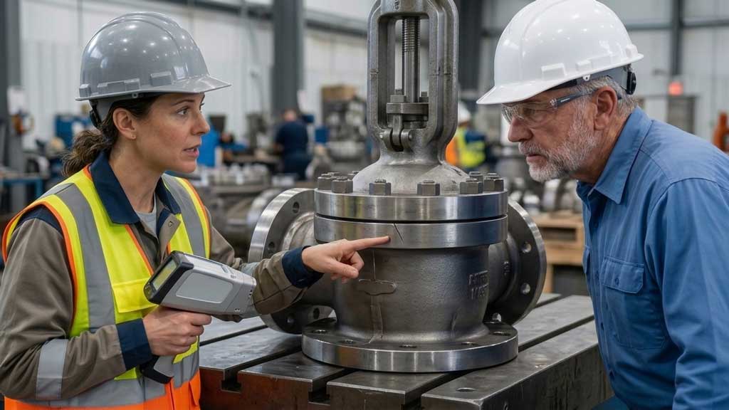 A mill test report verification audit. Two quality control inspectors in hard hats are evaluating a large industrial valve during a mill test report verification audit.