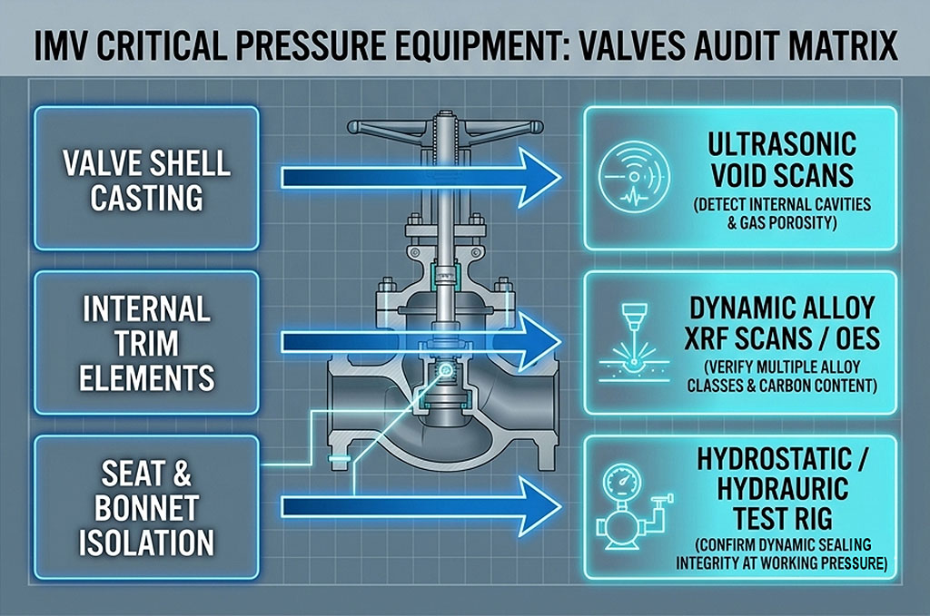An inspection infographic matrix detailing testing methods designed to satisfy Singapore maritime valve verification requirements.